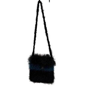 Handcrafted Black & Blue Fuzzy Crossbody Bag With Ornate Button Accent